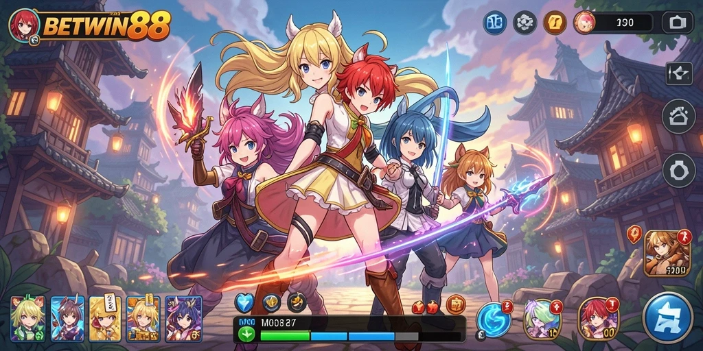 Tampilan gameplay seru dalam BETWIN88 yang penuh warna dan karakter anime.