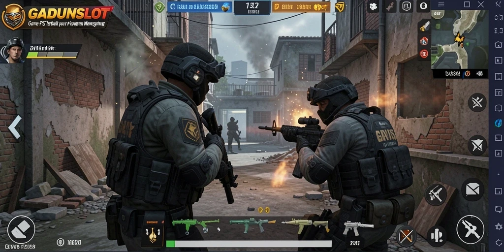 Screenshot dari gameplay menegangkan GADUNSLOT dengan aksi FPS.