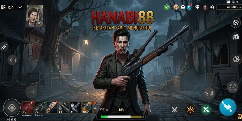 Tampilan gameplay menakutkan dalam HANABI88 dengan suasana gelap dan mencekam.