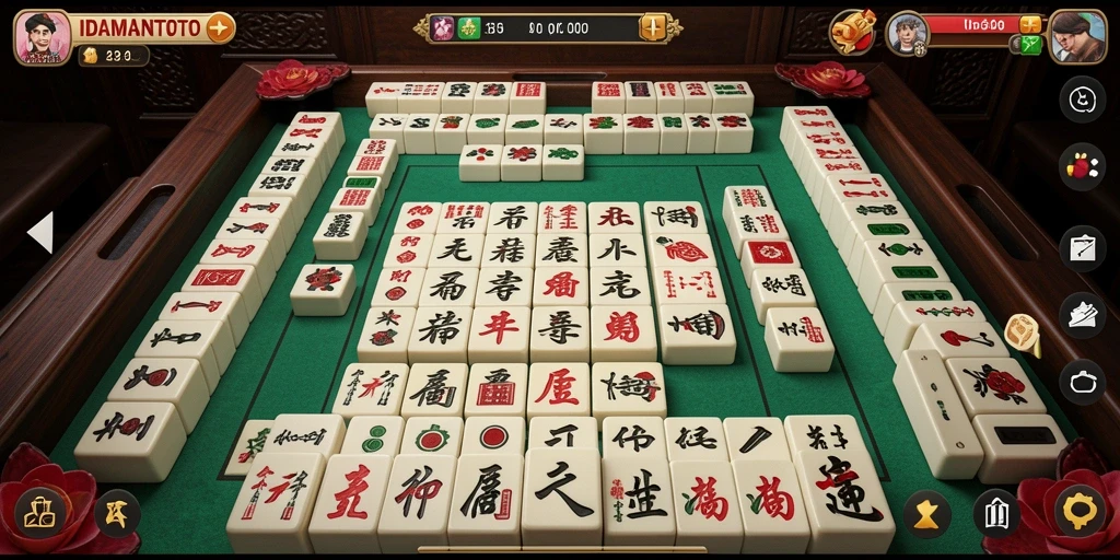Tampilan gameplay seru dalam IDAMANTOTO dengan suasana Mahjong.