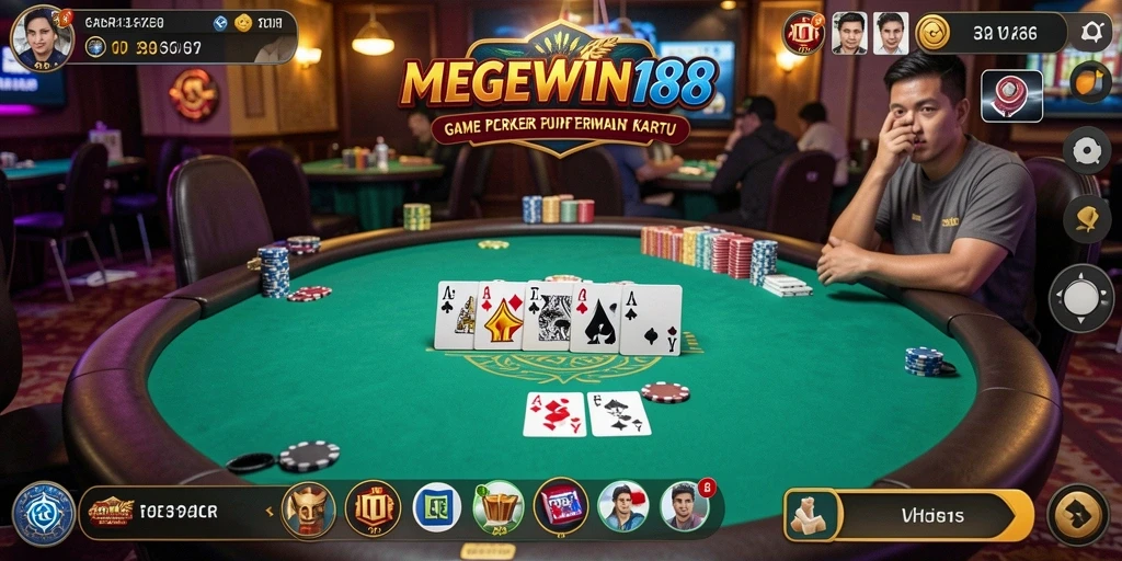Screenshot utama gameplay Poker di MEGEWIN188 yang menunjukkan suasana permainan.