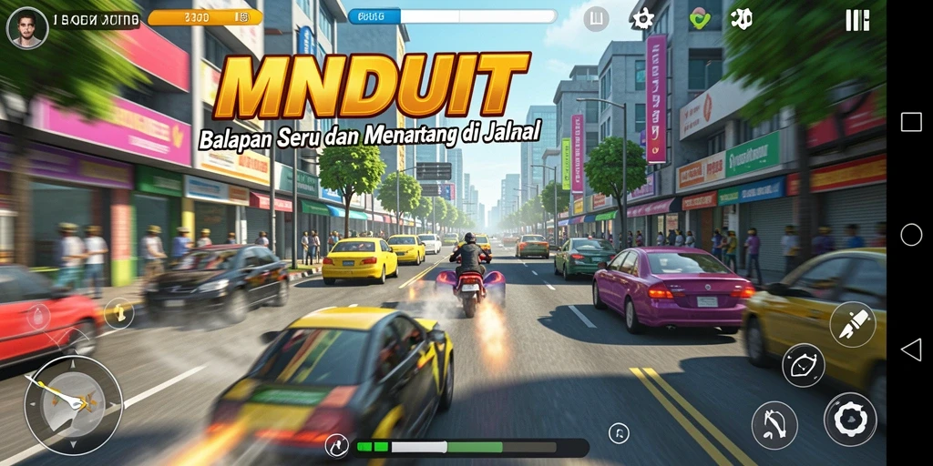 Screenshot menampilkan aksi balapan intens di MNDUIT dengan grafis yang memukau.