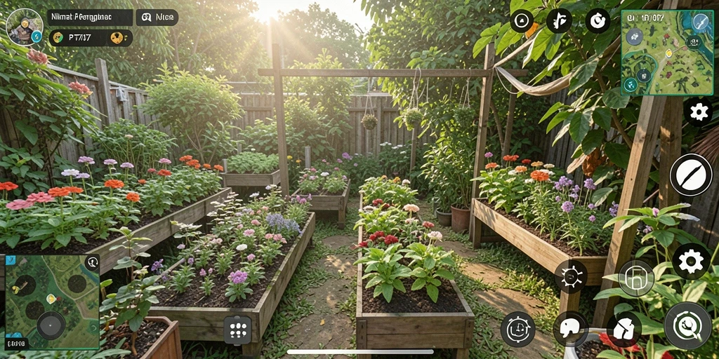 Screenshot dari gameplay PT707 menunjukkan keseruan bercocok tanam.
